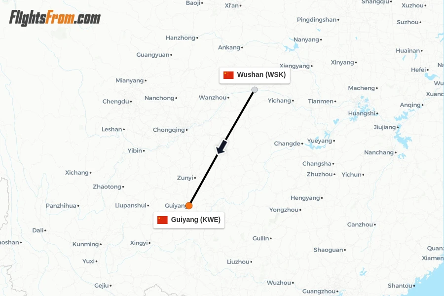 Flights from Wushan to Guiyang route map