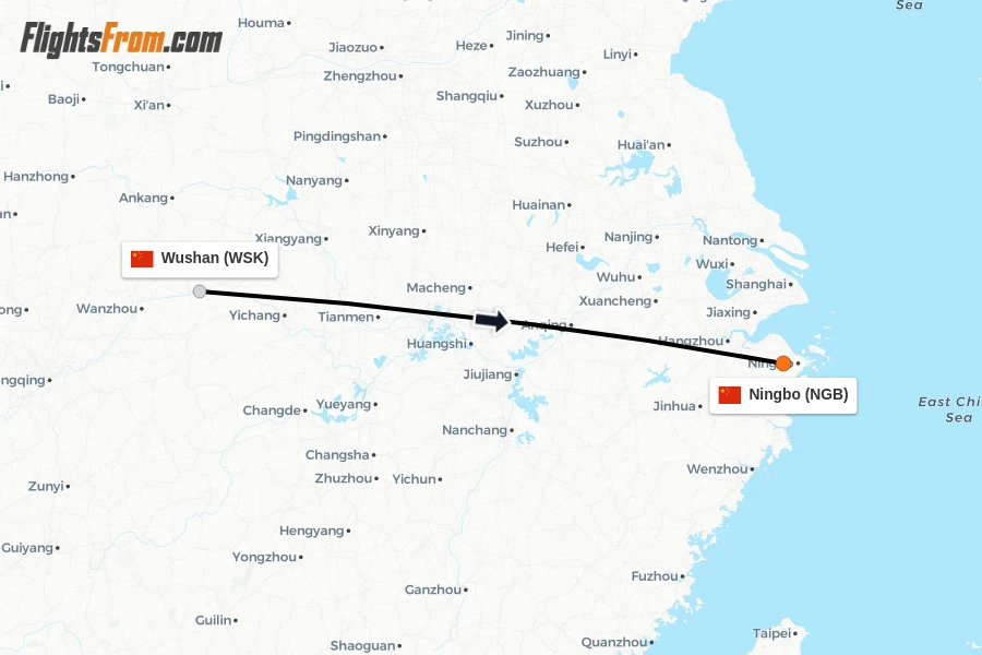 Flights from Wushan to Ningbo route map