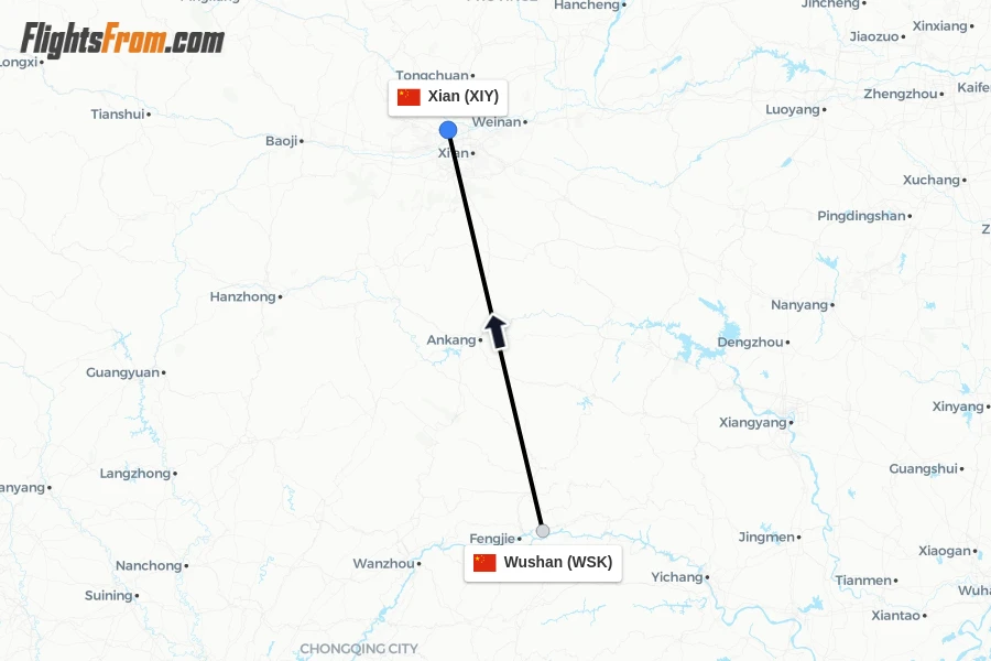 Flights from Wushan to Xian route map