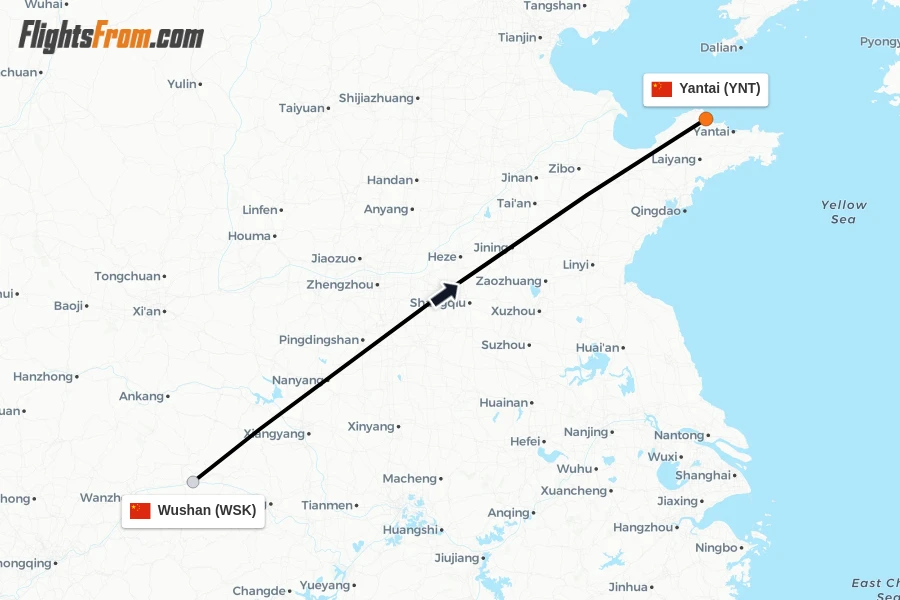 Flights from Wushan to Yantai route map