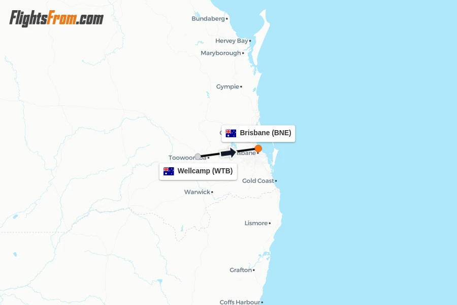 Flights from Wellcamp to Brisbane route map