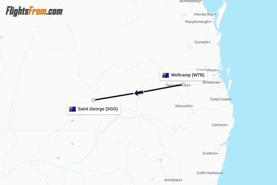Flights from Wellcamp to Saint George route map