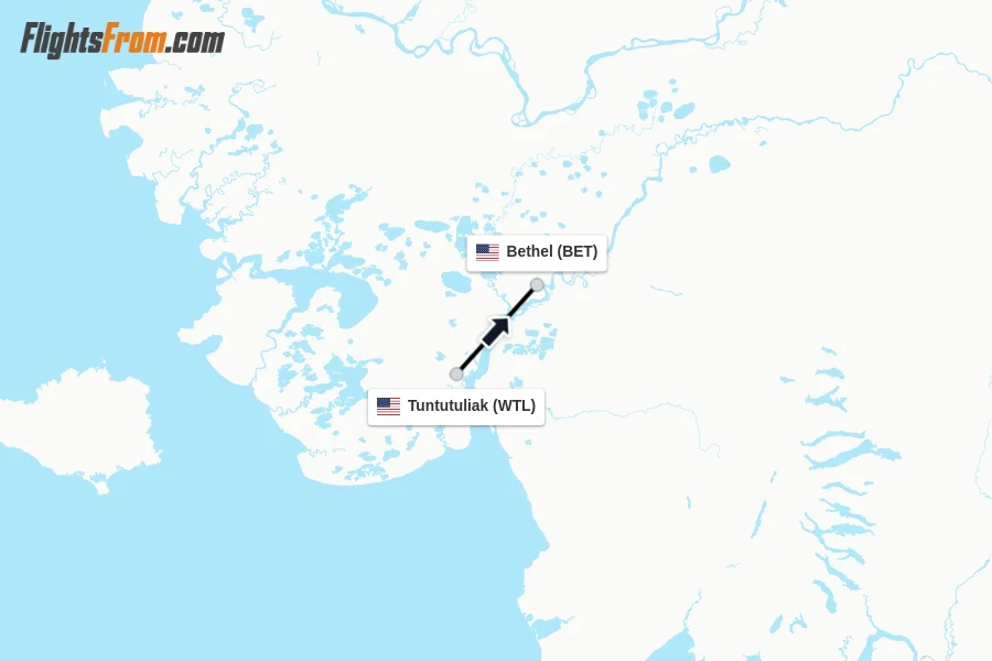 Flights from Tuntutuliak to Bethel route map