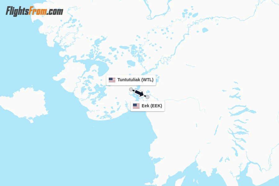 Flights from Tuntutuliak to Eek route map