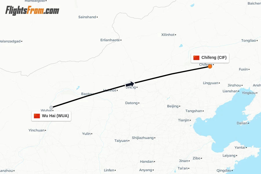Flights from Wu Hai to Chifeng route map