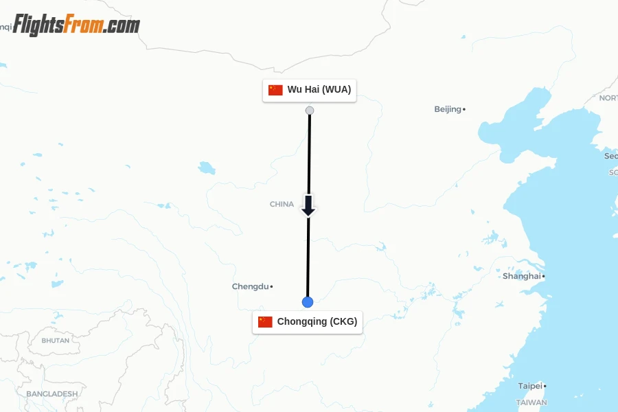 Flights from Wu Hai to Chongqing route map
