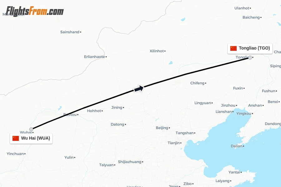 Flights from Wu Hai to Tongliao route map