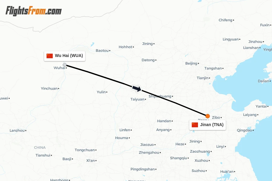 Flights from Wu Hai to Jinan route map