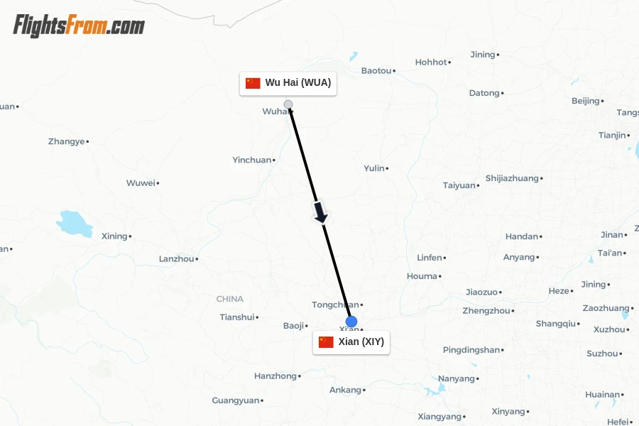 Flights from Wu Hai to Xian route map