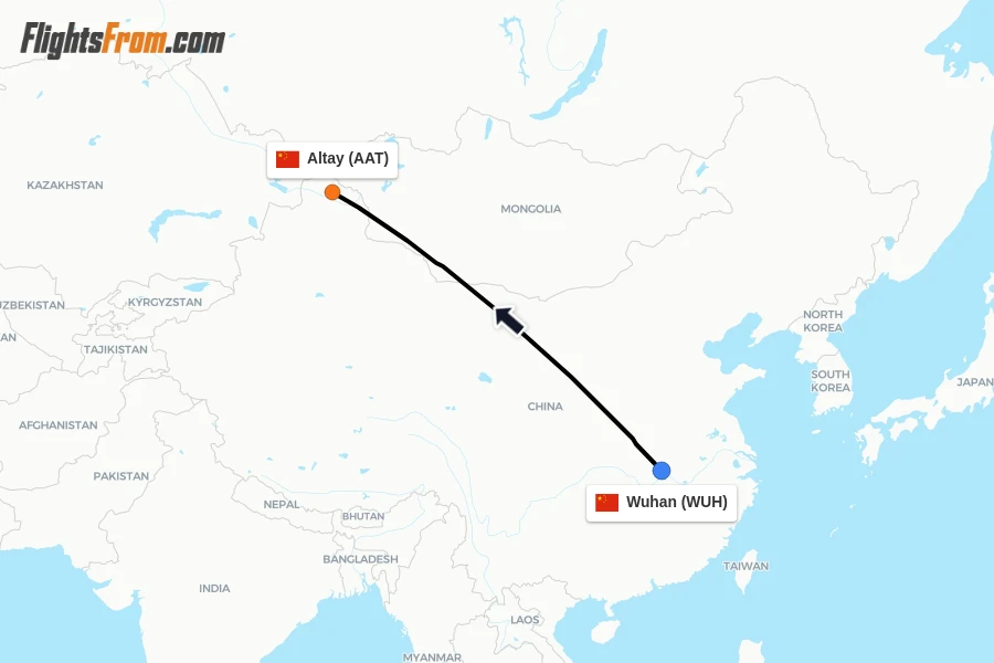Flights from Wuhan to Altay route map