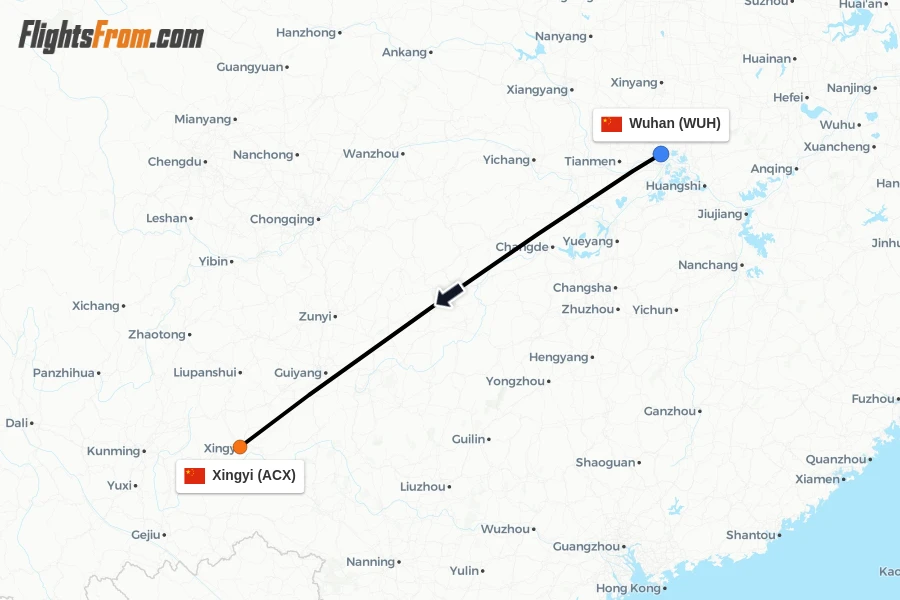 Flights from Wuhan to Xingyi route map