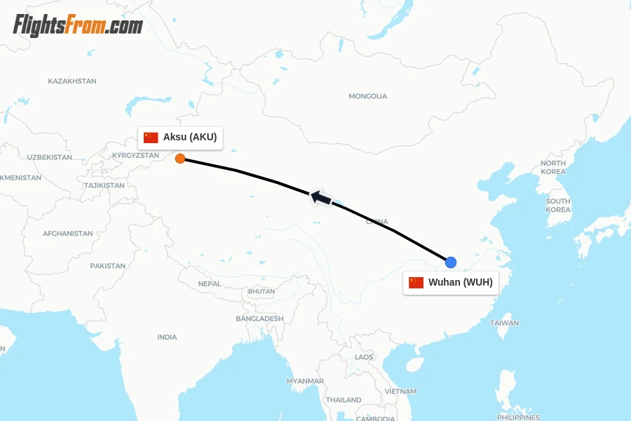 Flights from Wuhan to Aksu route map