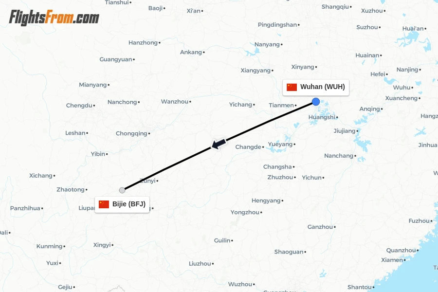 Flights from Wuhan to Bijie route map