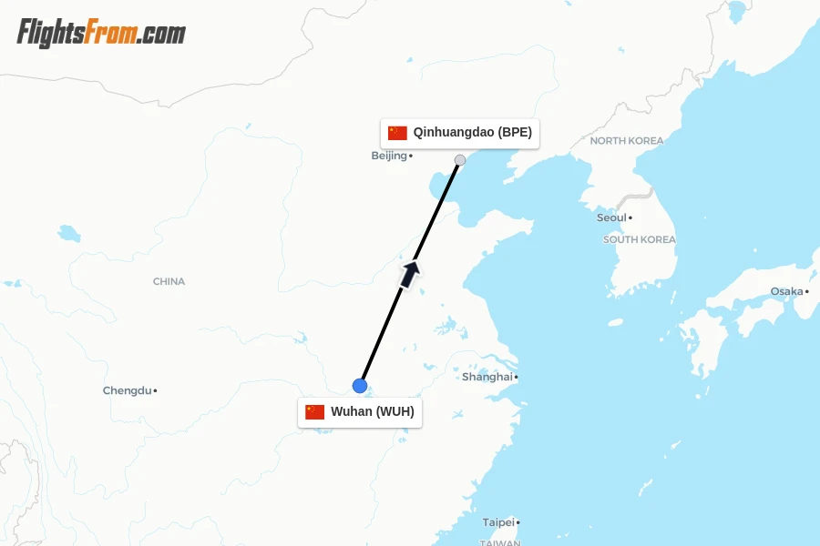 Flights from Wuhan to Qinhuangdao route map