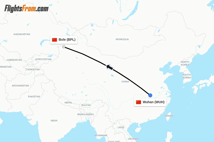 Flights from Wuhan to Bole route map