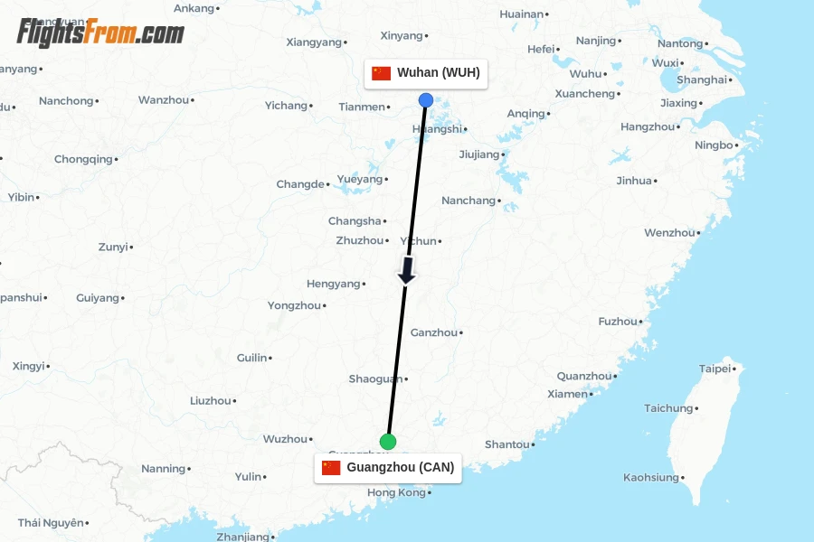 Flights from Wuhan to Guangzhou route map