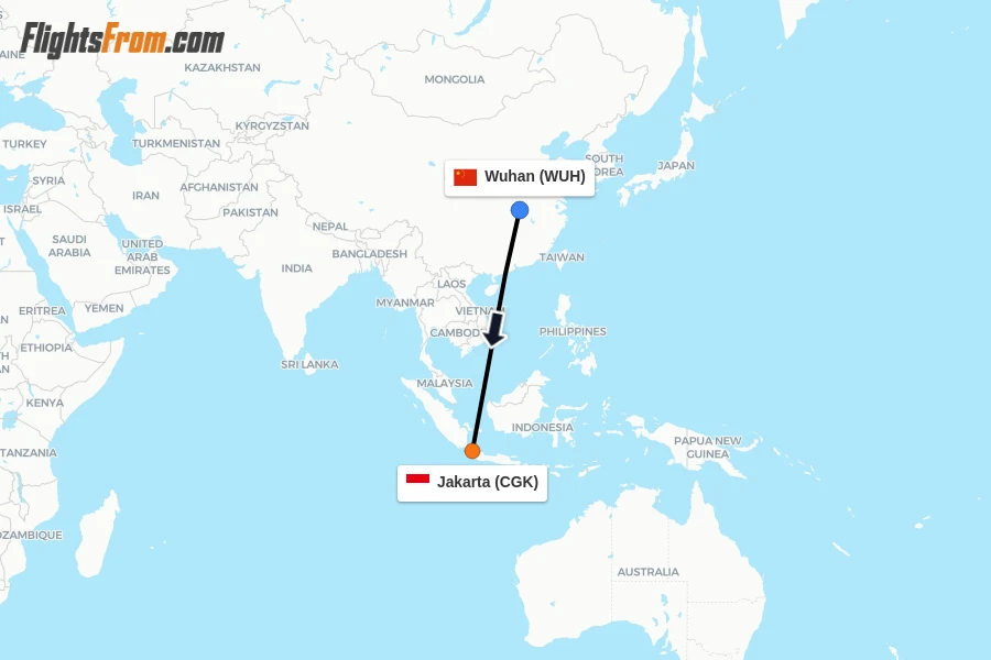 Flights from Wuhan to Jakarta route map