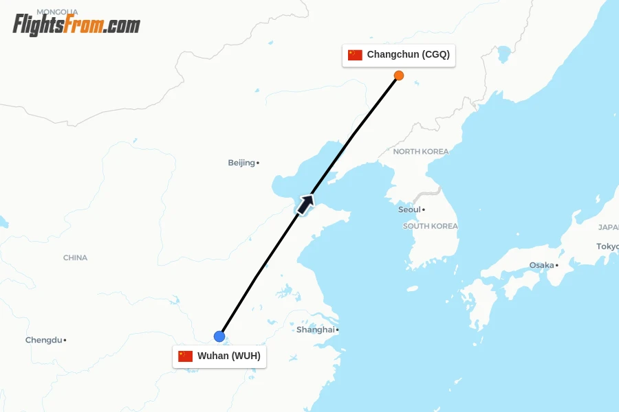 Flights from Wuhan to Changchun route map