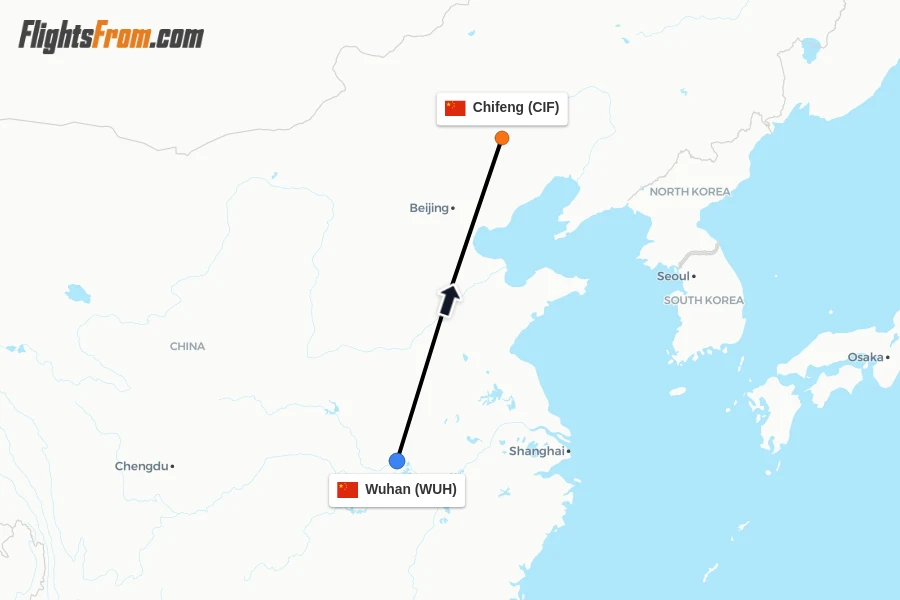 Flights from Wuhan to Chifeng route map