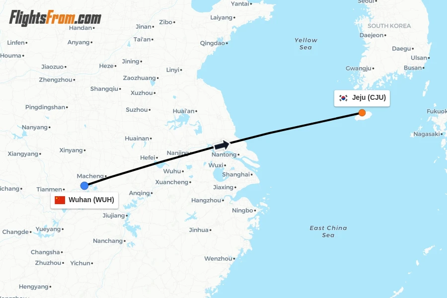 Flights from Wuhan to Jeju route map
