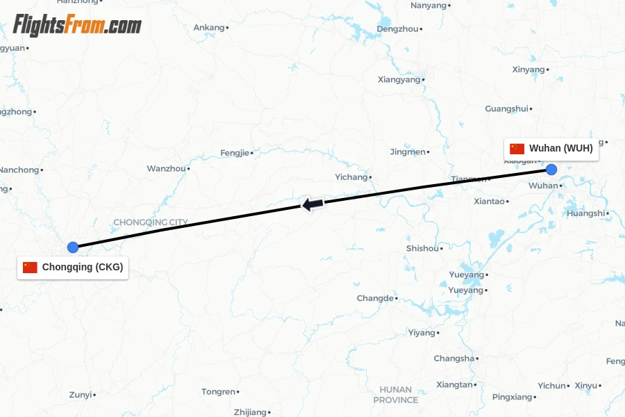 Flights from Wuhan to Chongqing route map