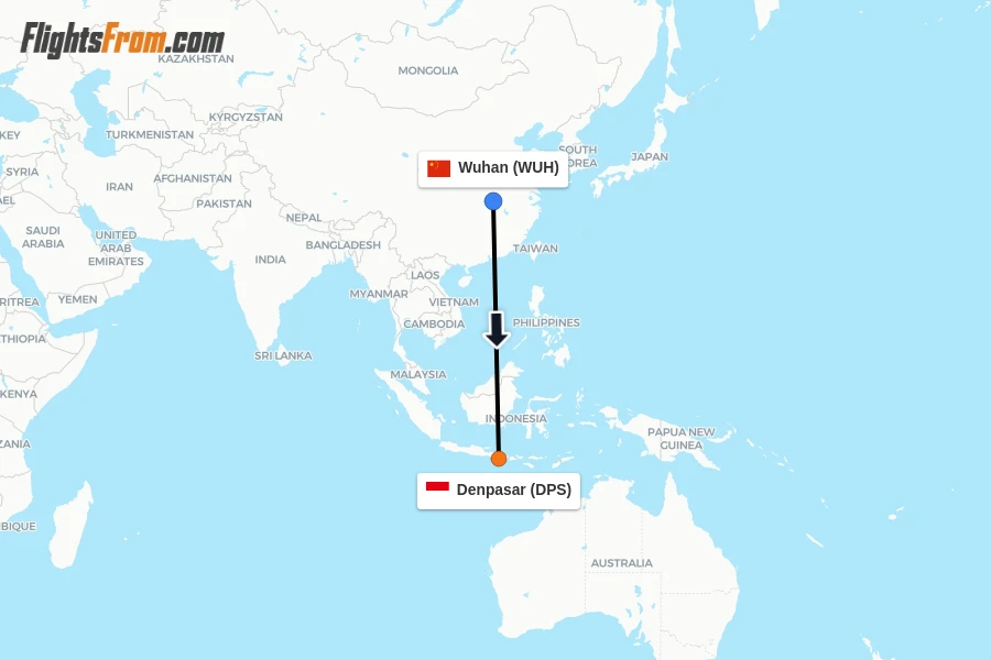 Flights from Wuhan to Denpasar route map