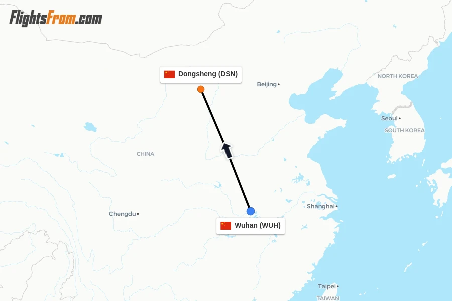 Flights from Wuhan to Dongsheng route map