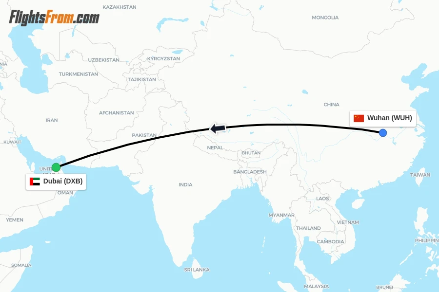 Flights from Wuhan to Dubai route map