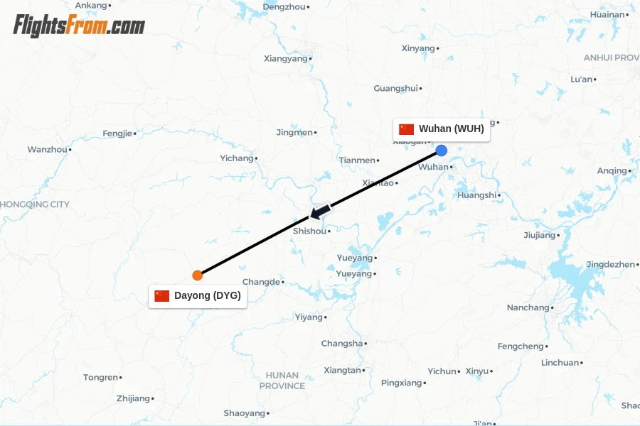 Flights from Wuhan to Dayong route map