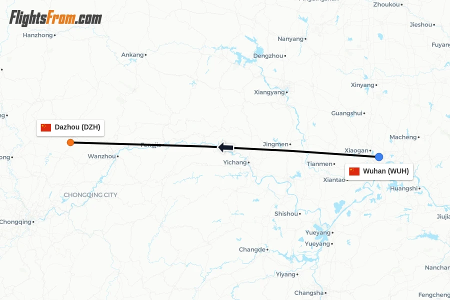 Flights from Wuhan to Dazhou route map