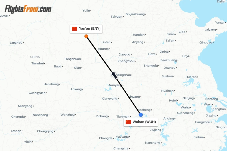 Flights from Wuhan to Yan'an route map