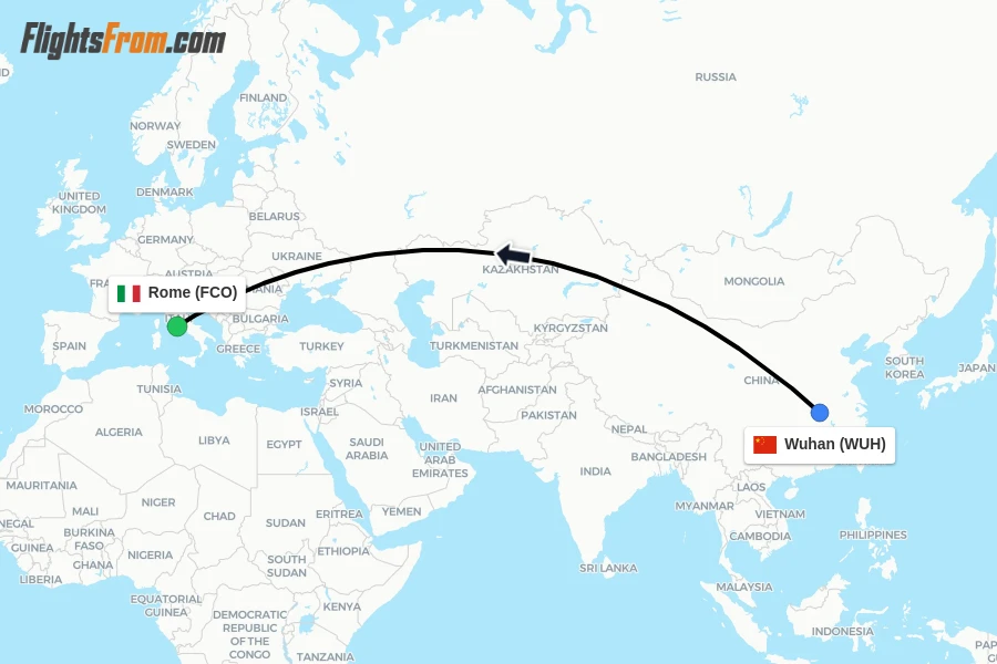 Flights from Wuhan to Rome route map