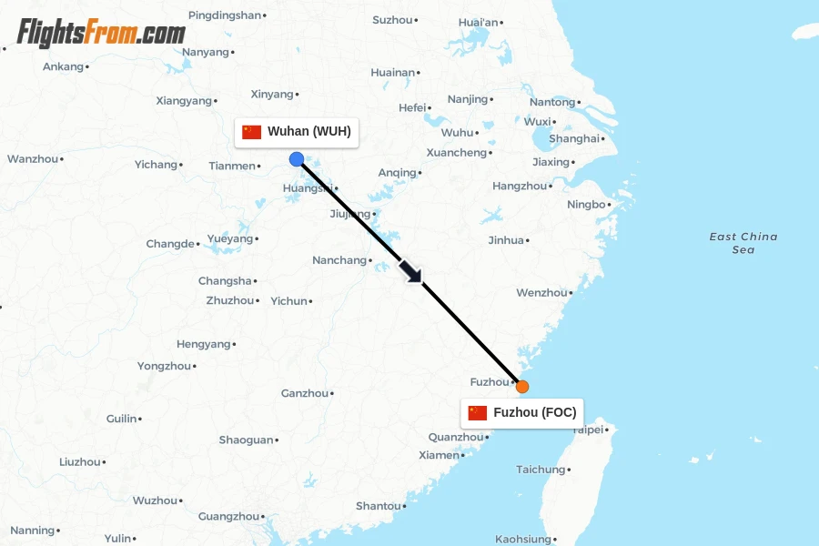 Flights from Wuhan to Fuzhou route map