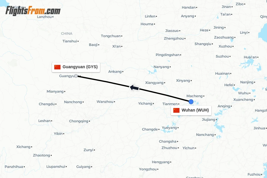 Flights from Wuhan to Guangyuan route map