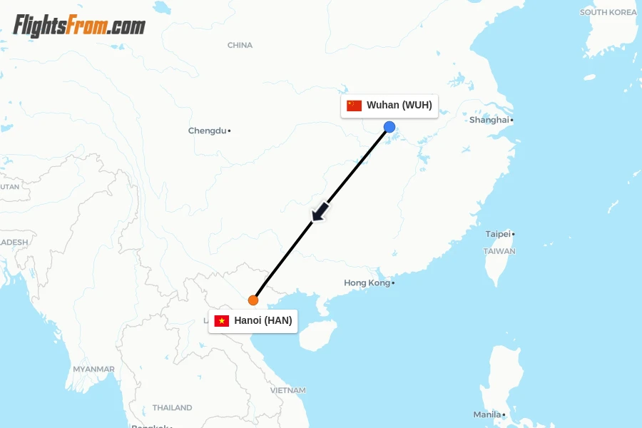 Flights from Wuhan to Hanoi route map