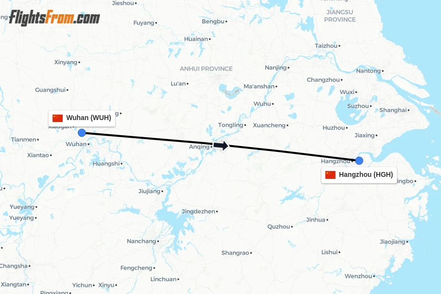 Flights from Wuhan to Hangzhou route map