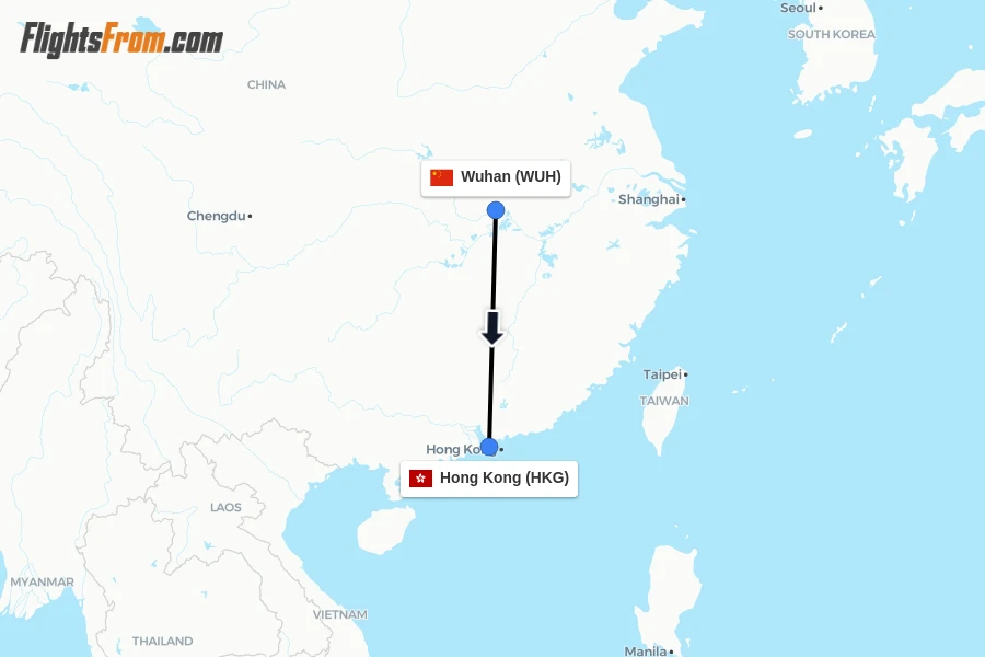 Flights from Wuhan to Hong Kong route map