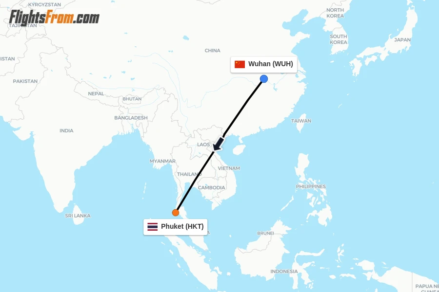 Flights from Wuhan to Phuket route map