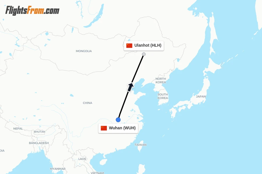 Flights from Wuhan to Ulanhot route map