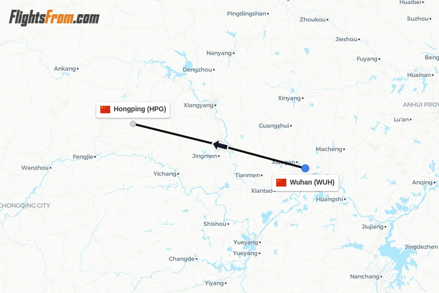 Flights from Wuhan to Hongping route map
