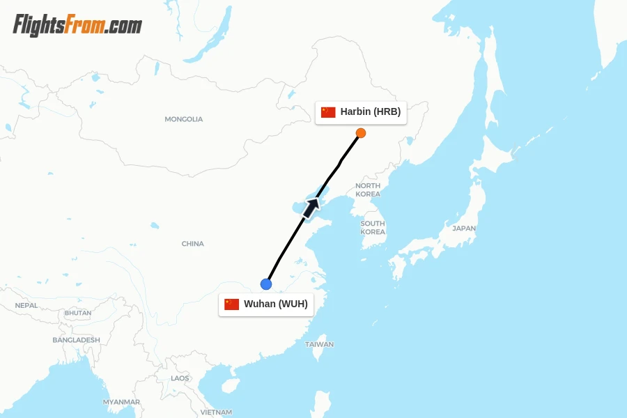 Flights from Wuhan to Harbin route map
