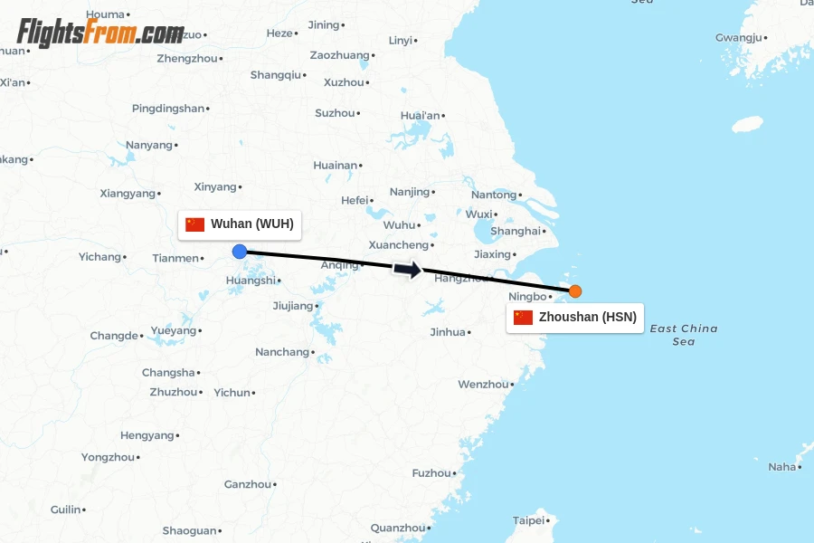 Flights from Wuhan to Zhoushan route map