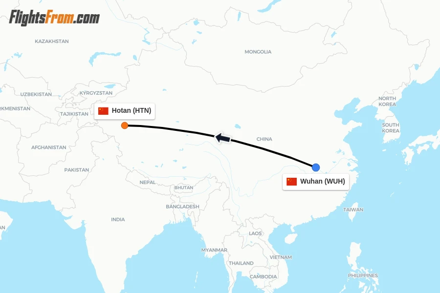 Flights from Wuhan to Hotan route map