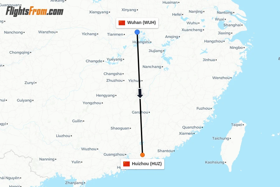 Flights from Wuhan to Huizhou route map