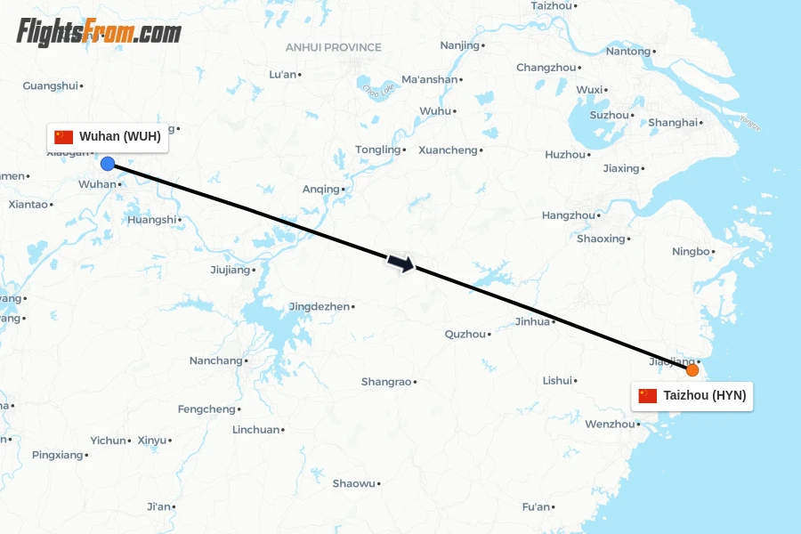 Flights from Wuhan to Taizhou route map