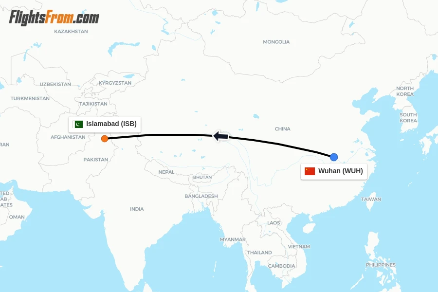 Flights from Wuhan to Islamabad route map
