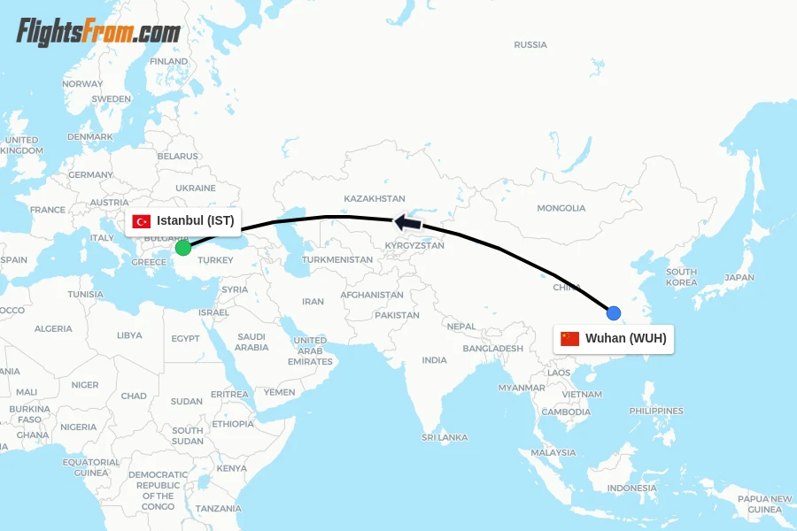 Flights from Wuhan to Istanbul route map
