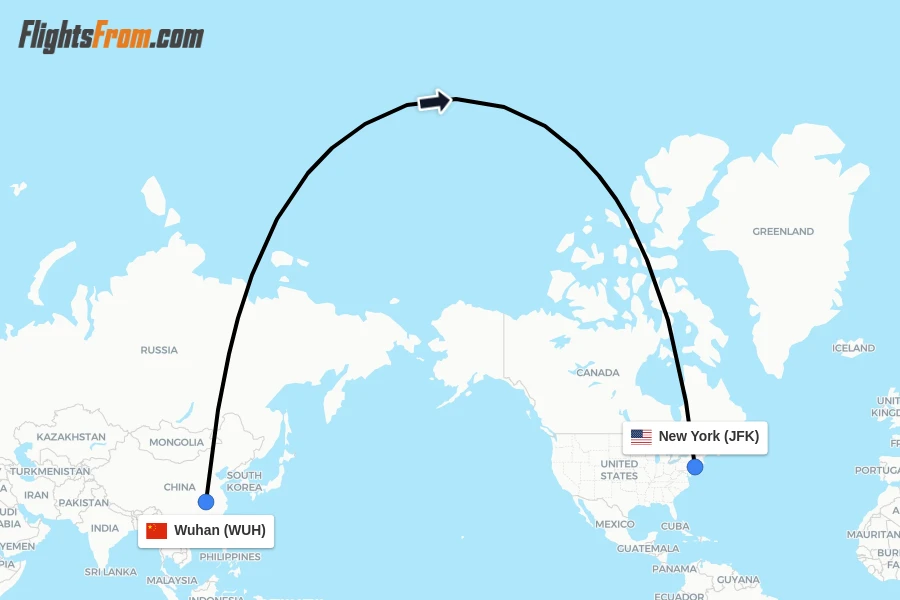 Flights from Wuhan to New York route map