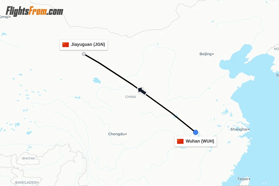 Flights from Wuhan to Jiayuguan route map