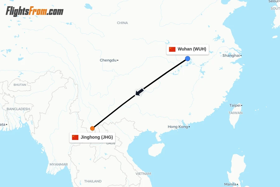 Flights from Wuhan to Jinghong route map